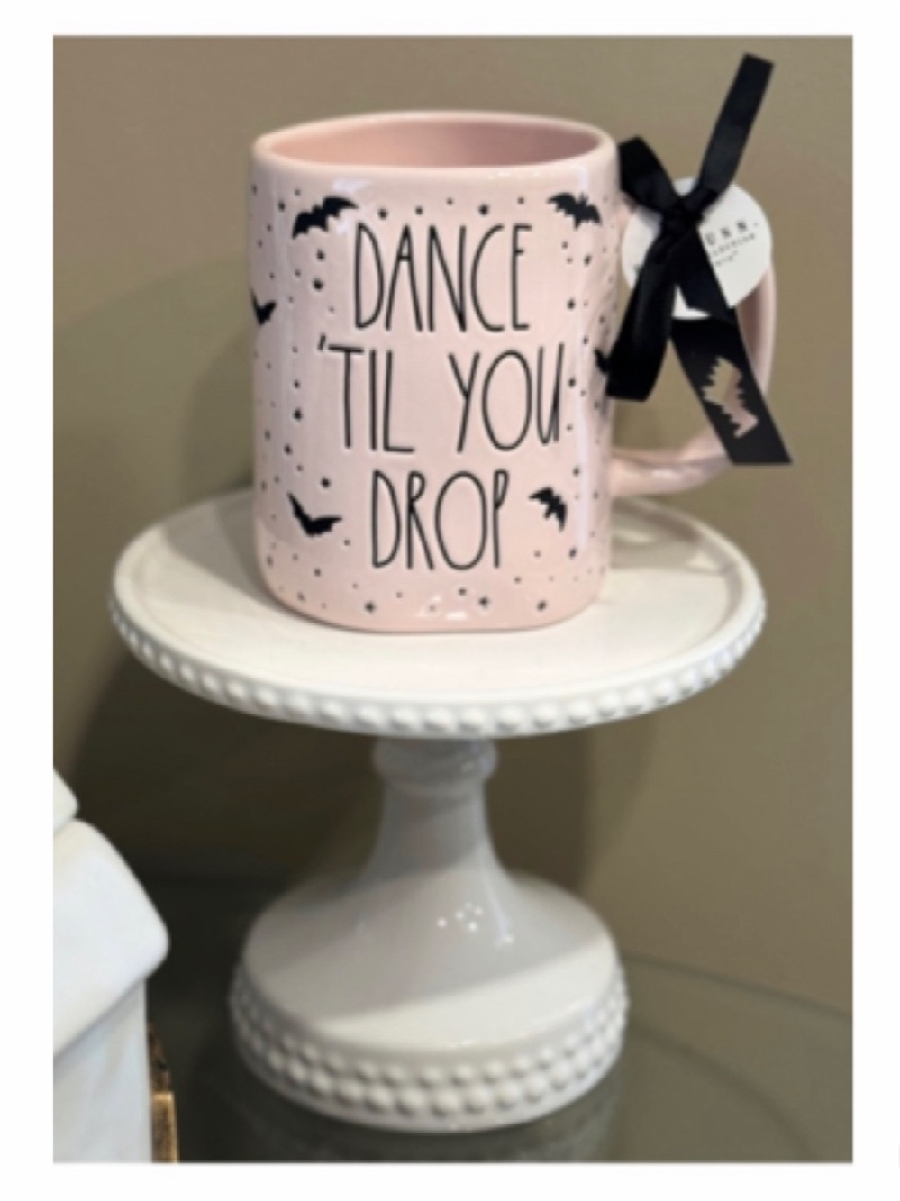 NEW Rae Dunn Pink Dance Till You Drop  Double Sided Mug Skeleton Stars Bats 🦇